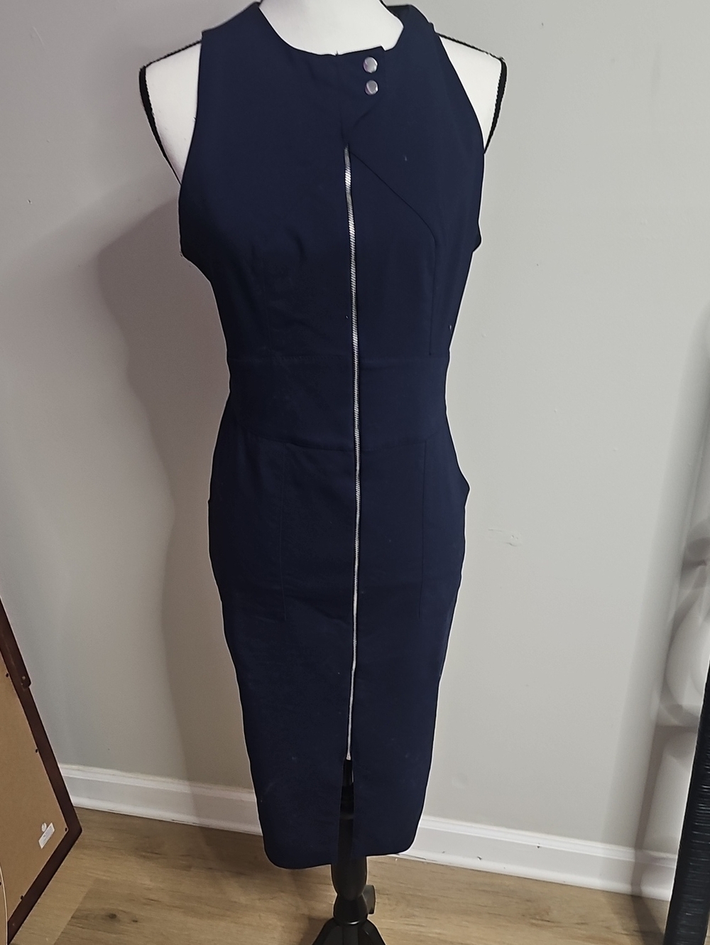 New York & Company Navy Zip-Front Midi Sheath Dress